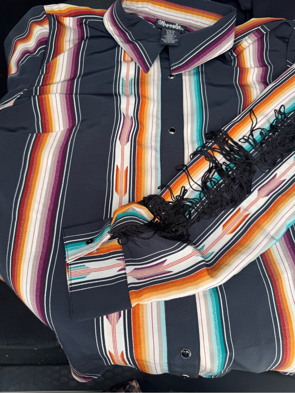 Wrangler Black Button-Down Shirt with Orange, Teal & Burgundy Stripes
